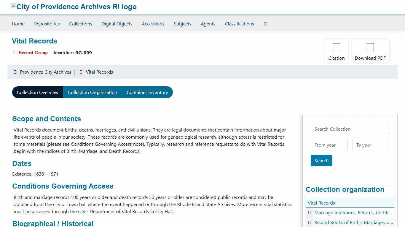 Collection: Vital Records City of Providence ArchivesSpace